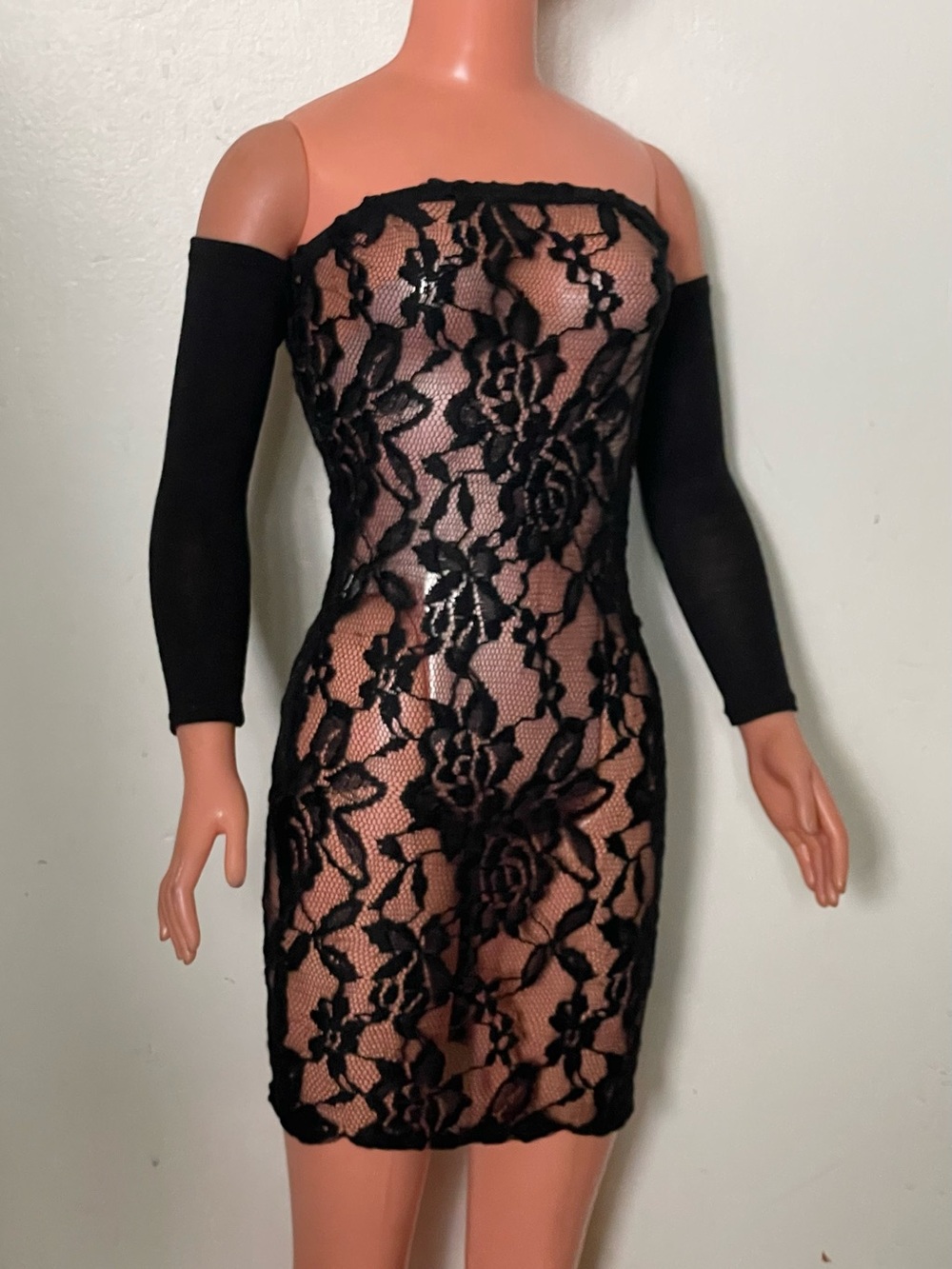 Black Lace Short Length Dress For My Size Barbie Doll 36".  New. OOAK